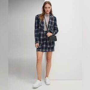 Calvin Klein NWOT blue gray plaid long line open front  blazer 14